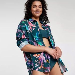 CALIA Oversized Long Sleeve Button Down Cover Up Size Small Aqua multi color NWT